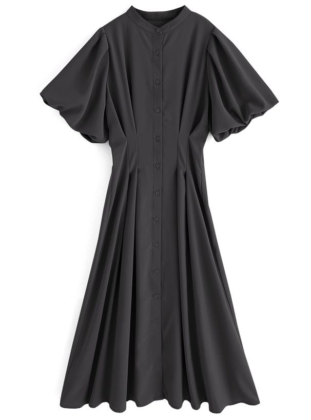 日本 GRL - 小立領收腰修身泡泡袖排扣洋裝-石墨灰