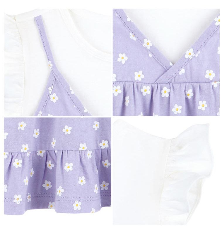 韓國 HEJMINI - 假兩件小白花荷葉下擺上衣