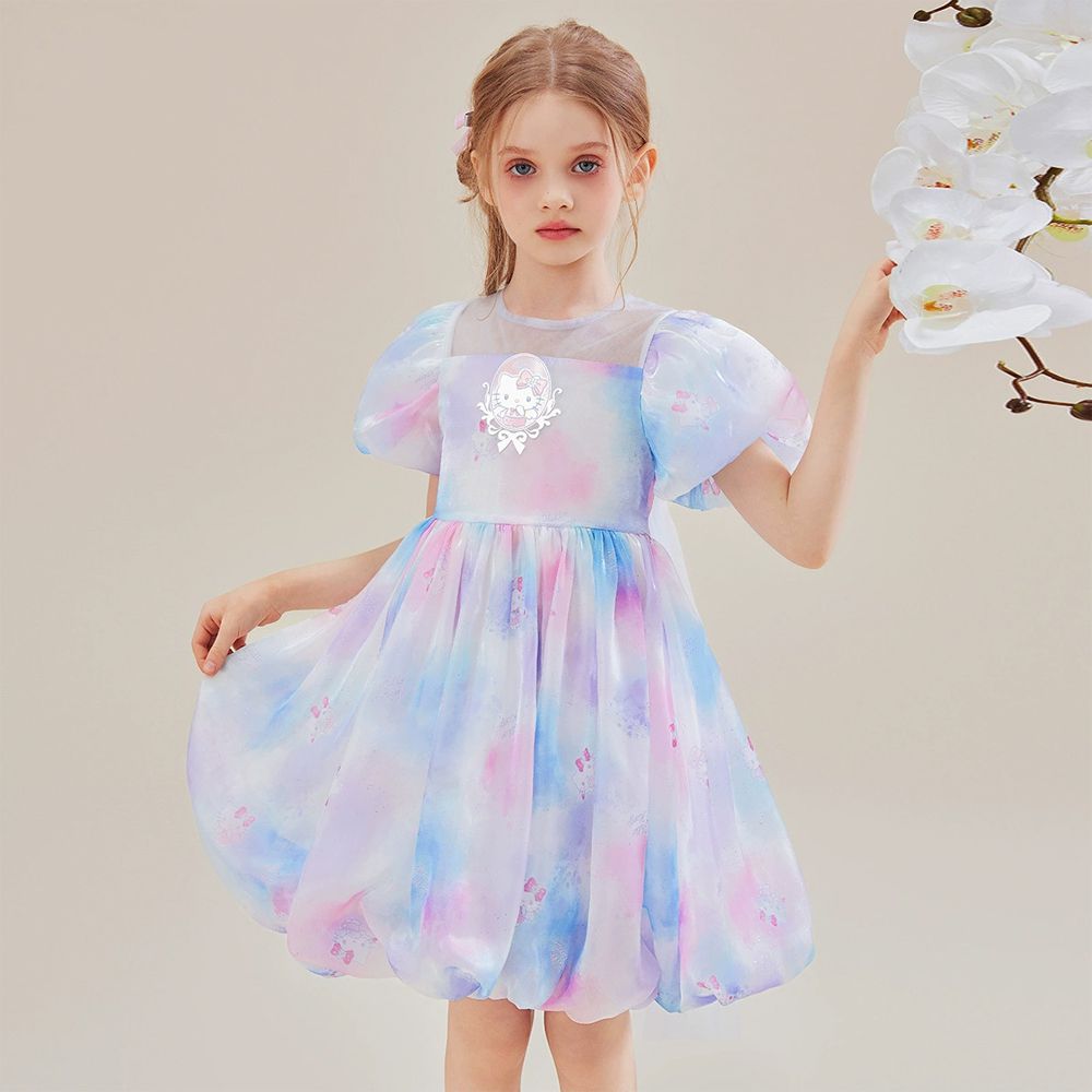 夢幻暈染後蝴蝶結泡泡短袖洋裝-卡通人物Hello Kitty-粉x紫x藍