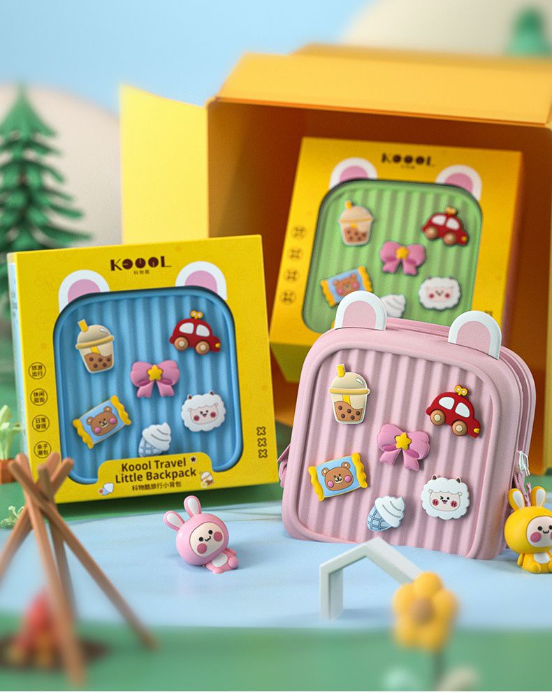 卡通DIY可拆式兒童後背包/小方包-珍珠奶茶+車車-綠色 (20.8x9.9x21.2cm)