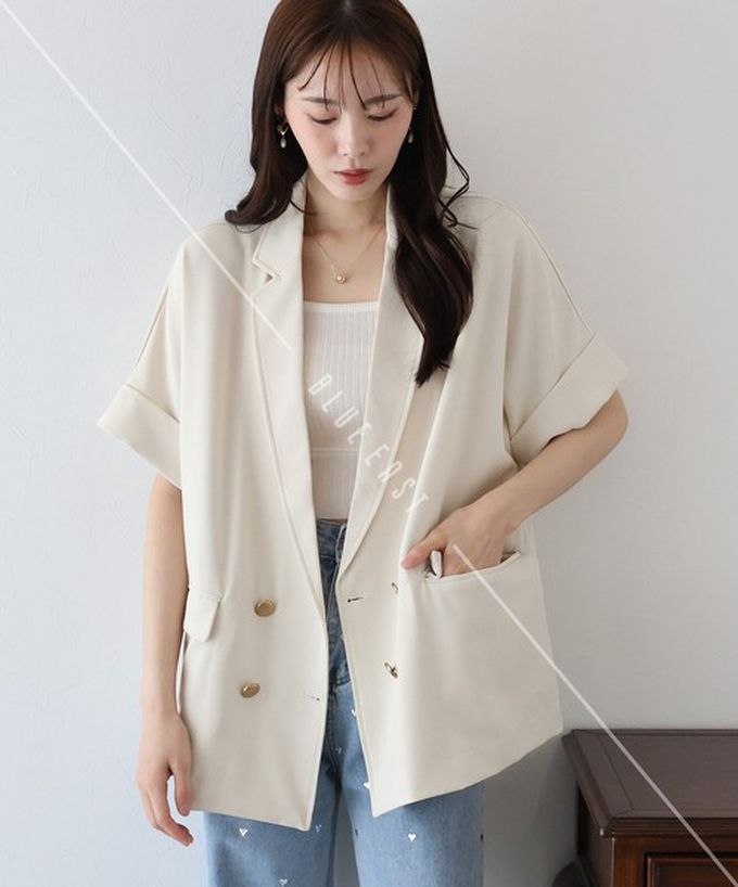 日本 BLUE EAST - 亞麻感氣質金釦短袖西裝外套-咖啡