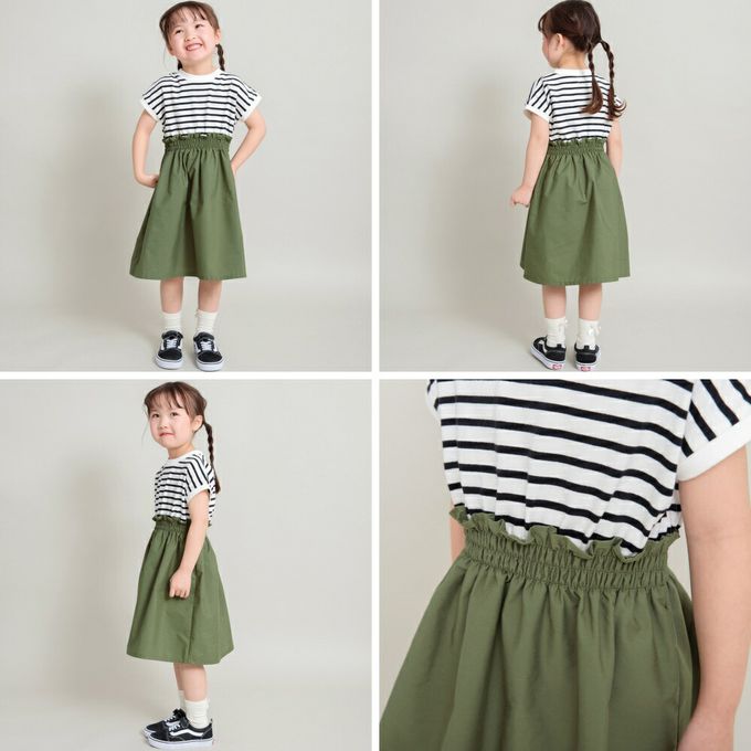 日本 BRANSHES - 法式拼接定番色短袖洋裝-條紋-軍綠