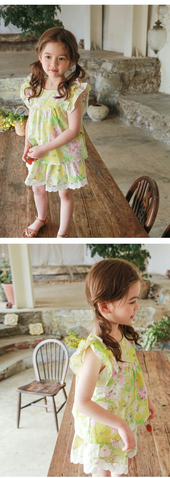 韓國 Puellaflo - 鬆緊腰花蘊蕾布拼接短褲-黃X綠