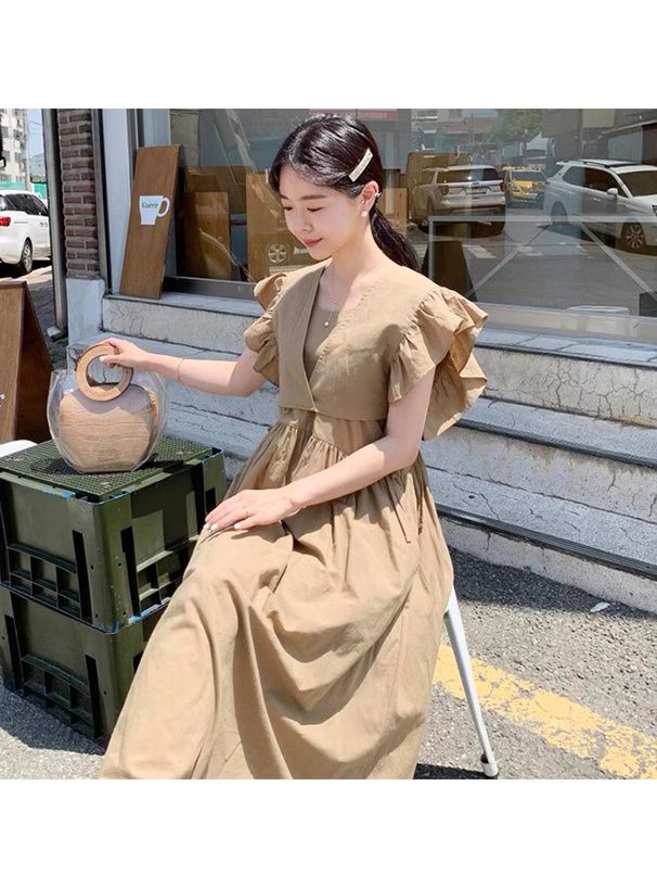 日本 GRL - 文藝感荷葉袖綁帶兩件式洋裝-深看咭 (F)