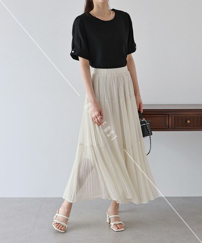 日本 BLUE EAST - 優雅細摺雪紡分層鬆緊長裙-米白 (M)