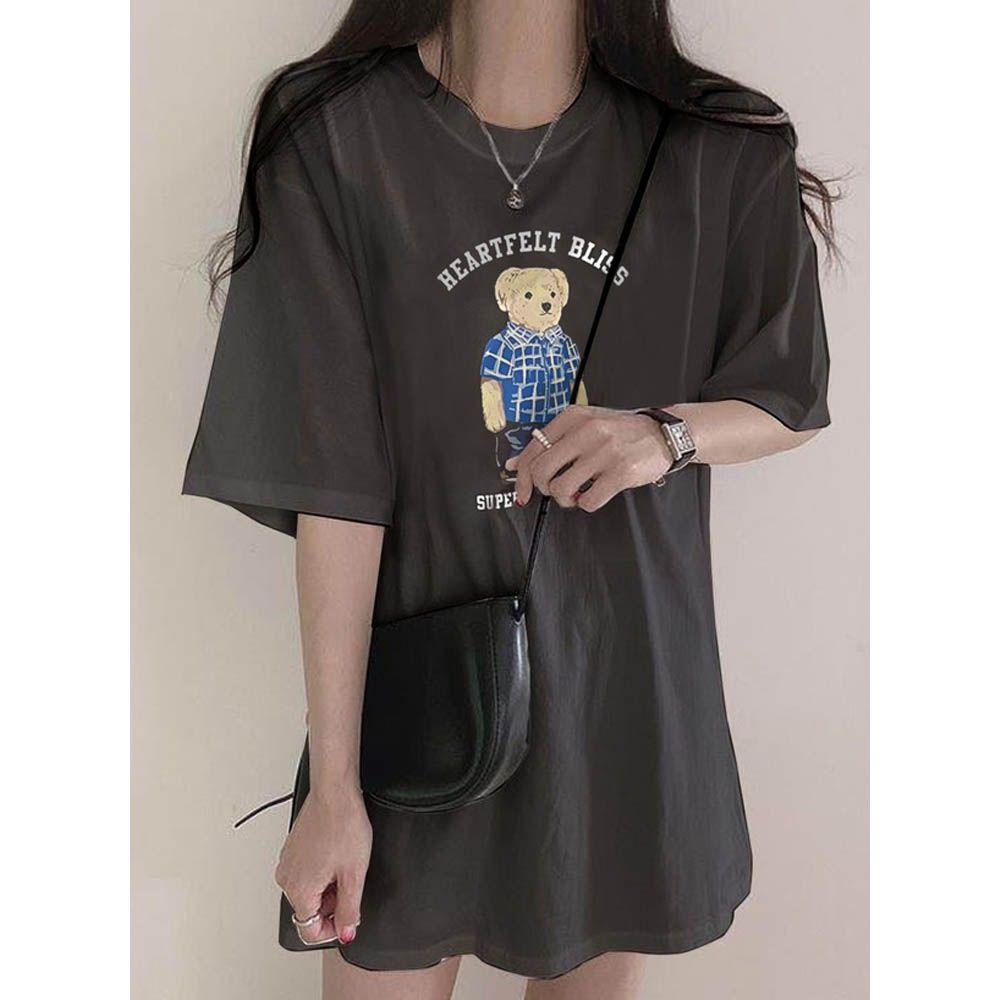 美式風熊熊印花寬鬆長版T恤-炭灰 (F)