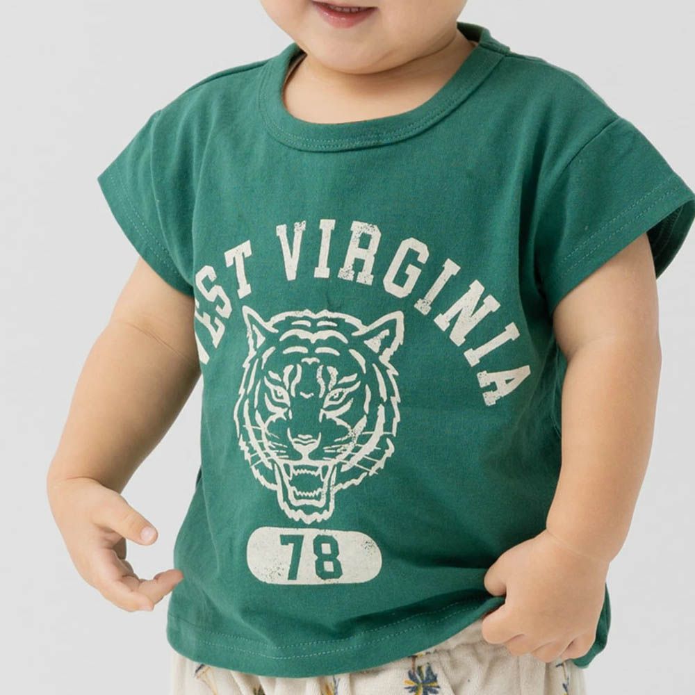 100%棉 可愛印花短袖上衣-老虎-濃綠