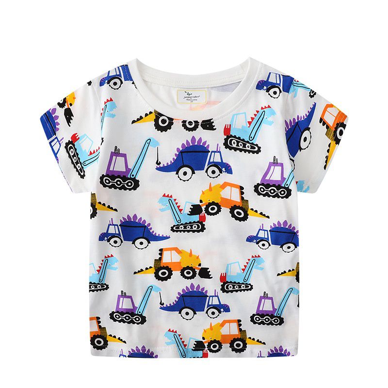 Jumping meters - 棉質圓領短袖上衣-恐龍工程車-白色