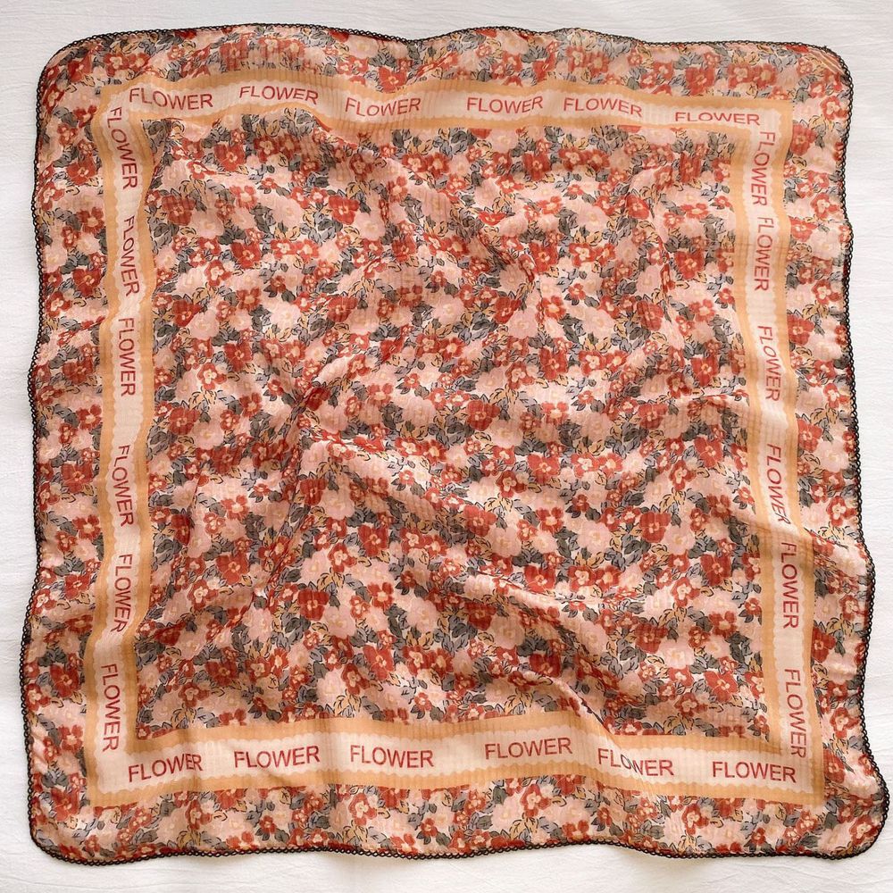 法式棉麻披肩方巾-字母花紋-橘色 (90x90cm)