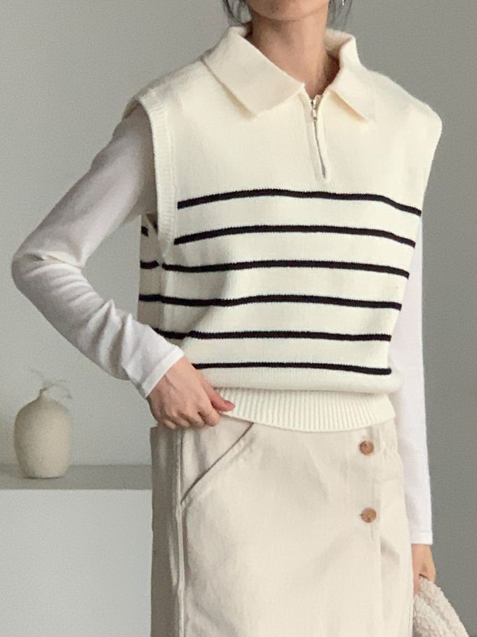 韓國女裝連線 - 拉鍊翻領條紋針織背心-米白 (FREE)