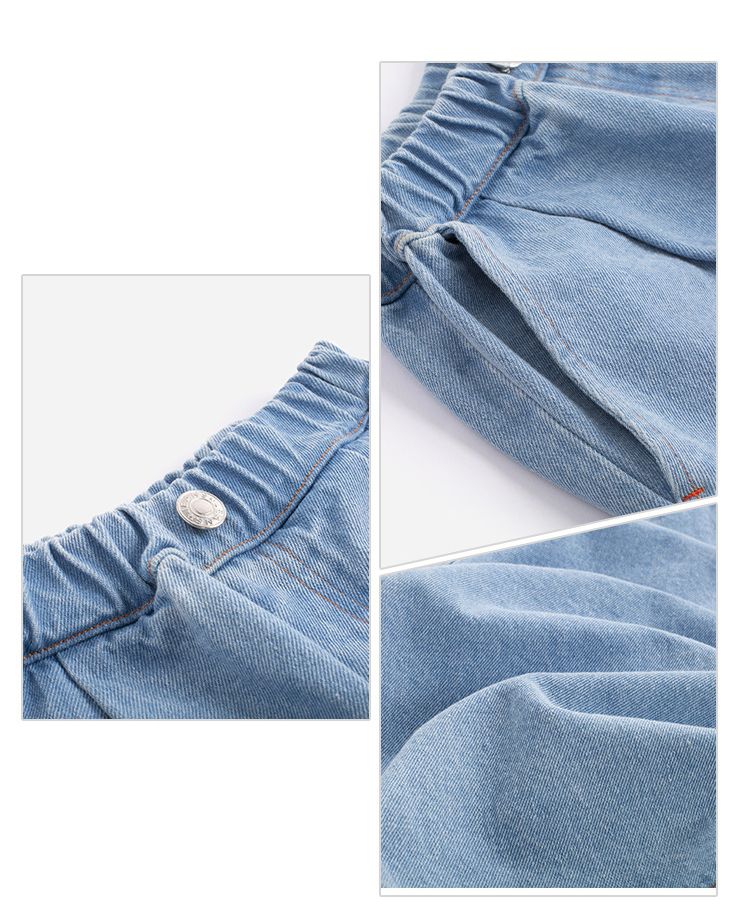 腰鬆緊牛仔七分寬褲-裝飾小標籤-淺藍色