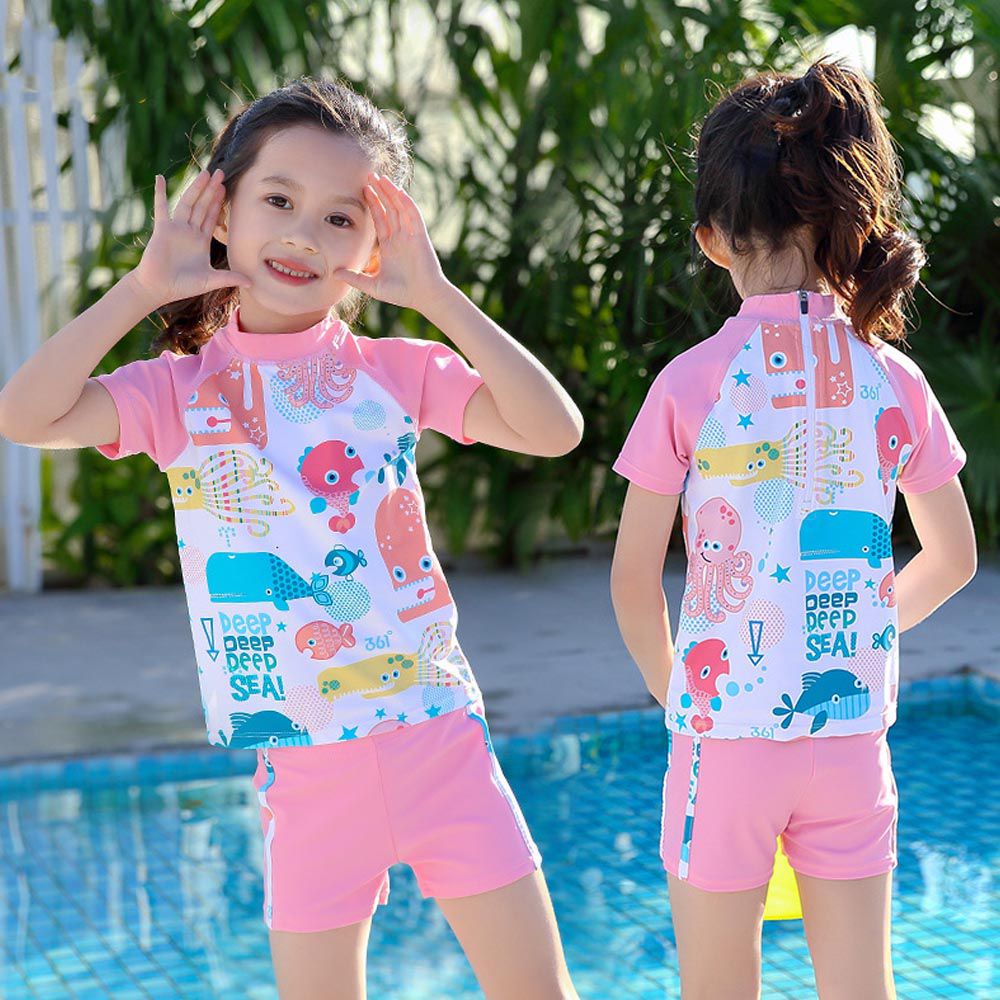 361° - 兒童卡通圖短袖泳衣套裝(二件組)-外星章魚-粉色