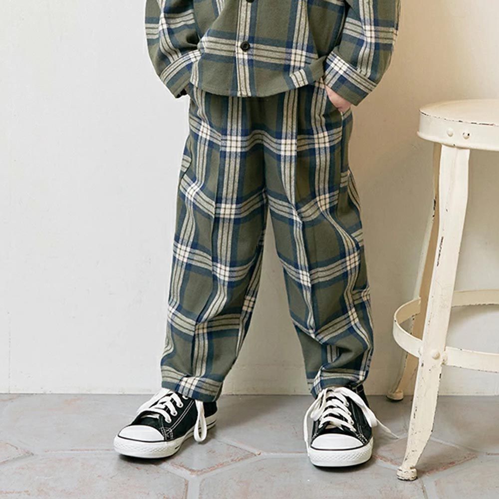 日本 b-ROOM - 英倫格紋寬版休閒長褲-軍綠系