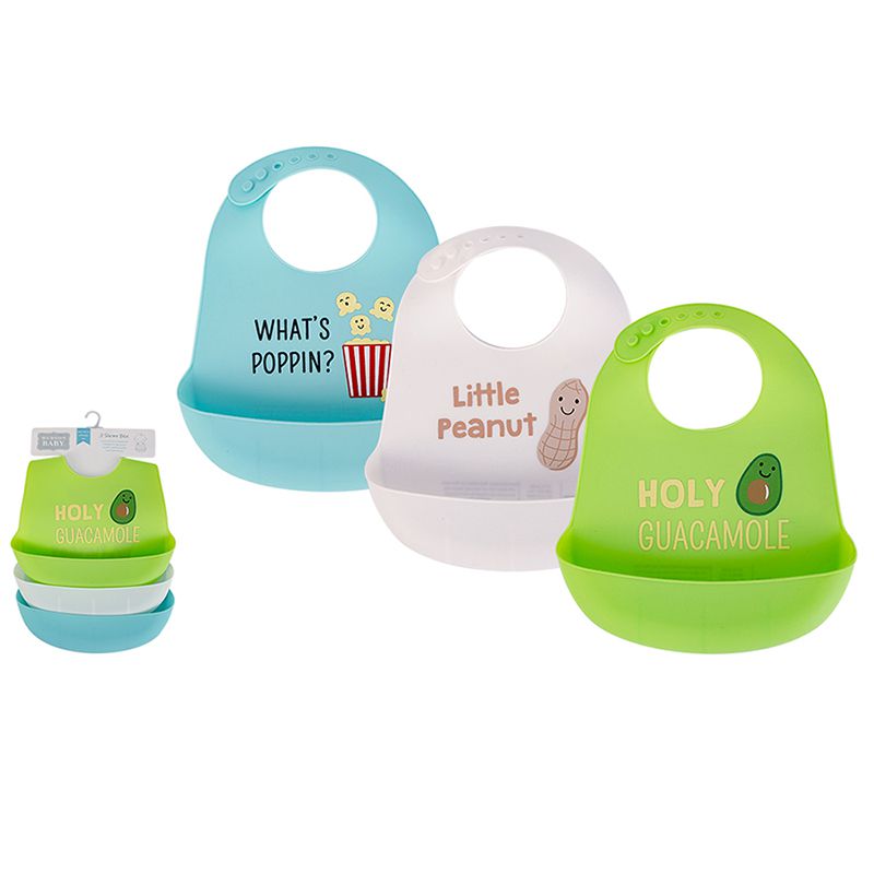 美國 Luvable Friends - 甜蜜寶貝嬰幼兒矽膠立體圍兜3入組-草綠酪梨