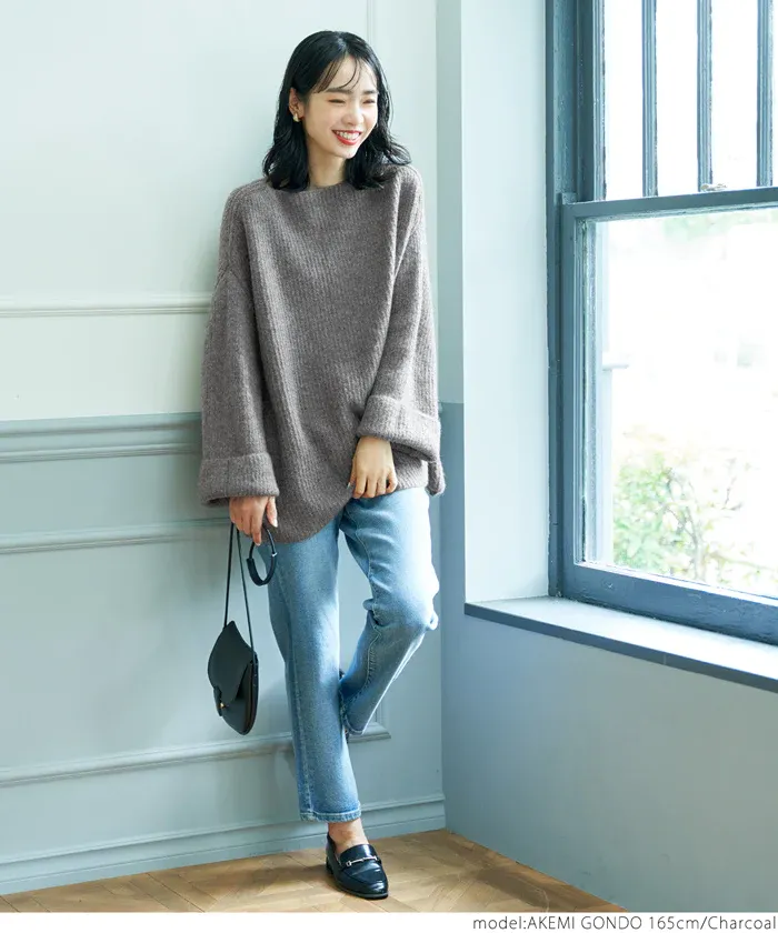 日本 COCA - ふあふあ 船型領柔軟寬鬆毛衣-炭灰
