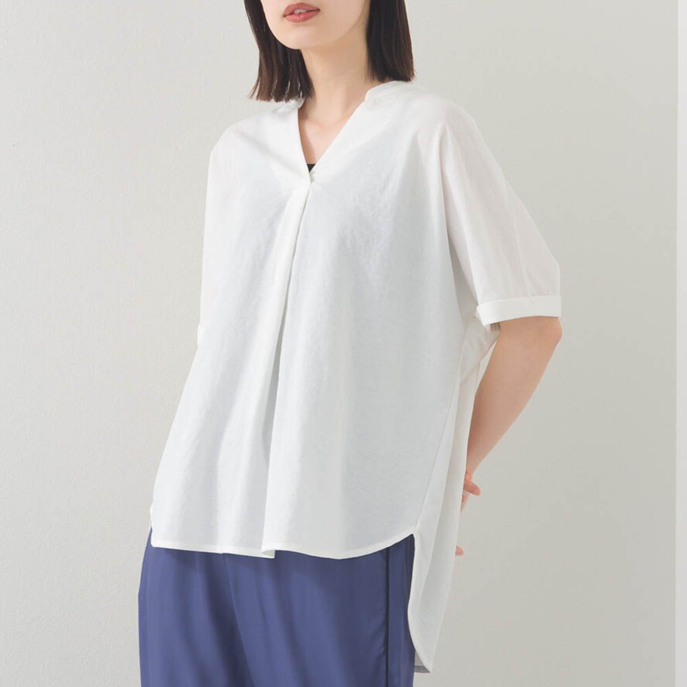 接觸涼感 嫘縈休閒V領前短後長上衣-白