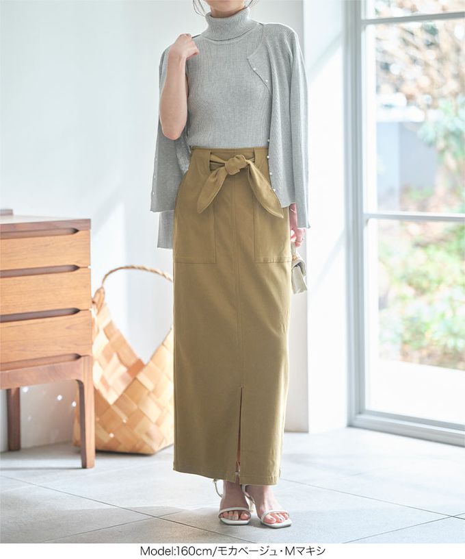 日本 Kobe Lettuce - 可愛扭結修飾彈力開叉長裙-(可選長度)-黑