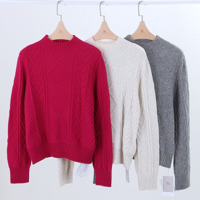 韓國女裝連線 - 立體紋路中領針織長袖上衣-燕麥米 (FREE)