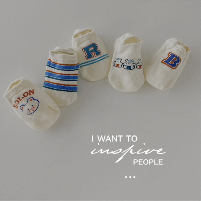 love, charlotte - 卡通小熊條紋字母網眼隱形棉襪-5 雙一組