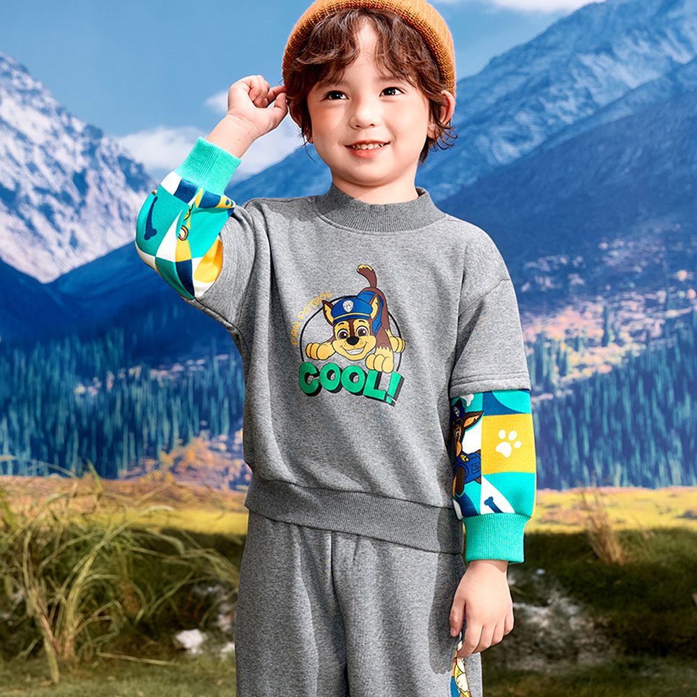 卡通汪汪隊加絨假兩件長袖上衣/大學T-卡通人物阿奇-拼色灰