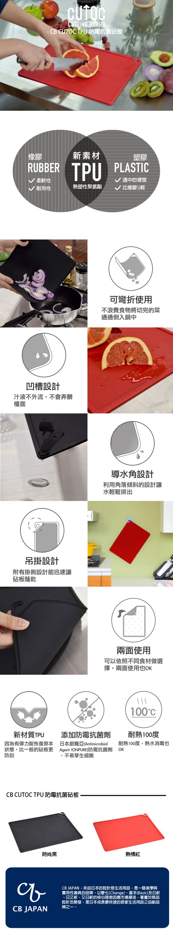 日本 CB JAPAN - CUTOC TPU防霉抗菌砧板-時尚黑 (W24xD34xH0.4cm)