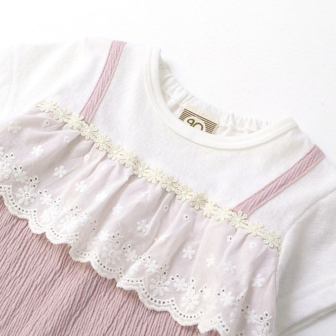 日本 ZOOLAND - 清爽楊柳 假二件蕾絲滾邊短袖上衣-粉紅