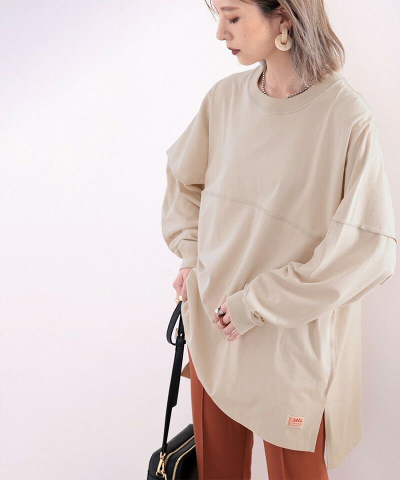 日本 Classical Elf - 落肩長版修身遮臀薄長袖上衣-灰杏