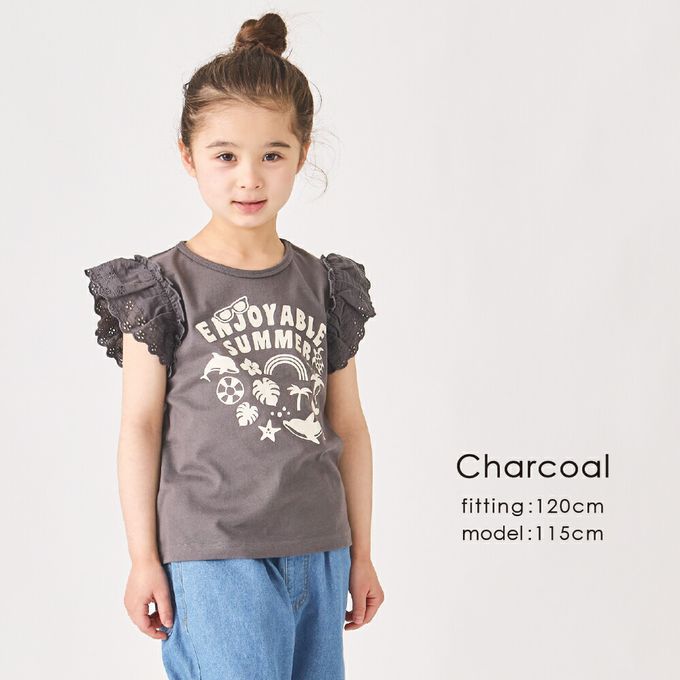 日本 evercloset - 100%棉 蕾絲荷葉邊印花短袖上衣-水藍