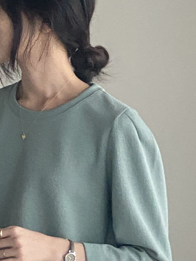 韓國女裝連線 - 設計感抓褶拼接八分袖上衣-藍綠 (FREE)