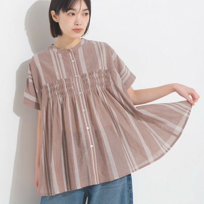 日本 OMNES - 100%印度棉 皺摺傘狀短袖襯衫-棕條紋