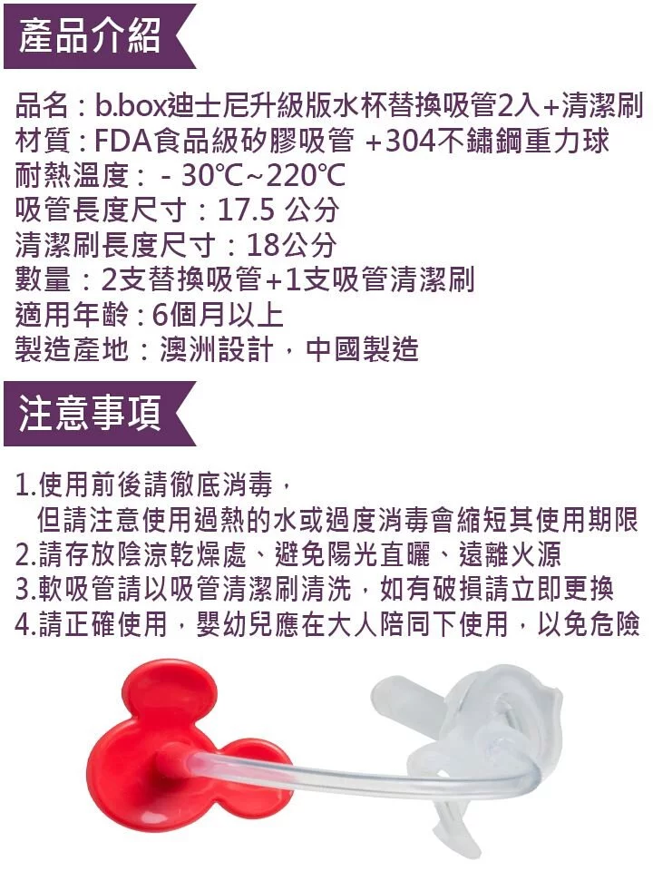 澳洲 b.box - 迪士尼升級版水杯替換吸管2入+清潔刷-巴斯款