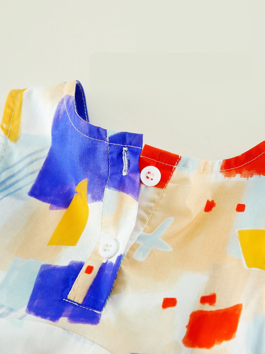 純棉油畫風無袖連身洋裝-拼色幾何-杏色