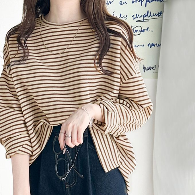 日本 Classical Elf - 萬能定番細條紋側開叉長袖上衣-黑底白線