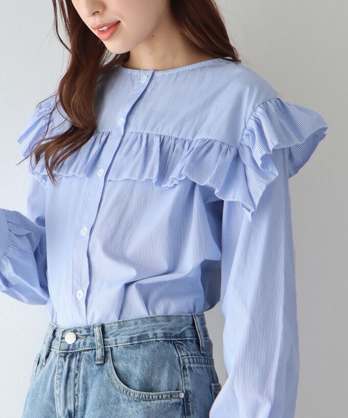 日本 BLUE EAST - 青澀回憶荷葉邊長袖襯衫-湖水綠