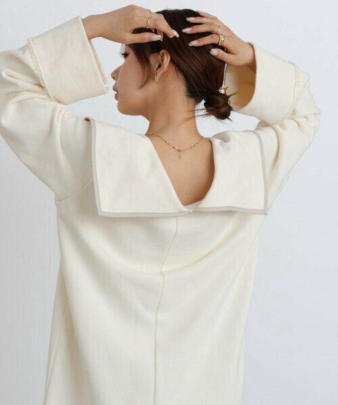 日本 Bab - 滾邊個性大翻領休閒長袖洋裝-咖啡