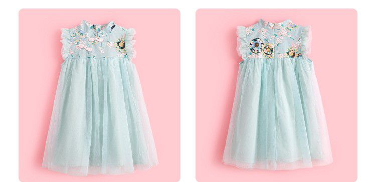 漢服風網紗旗袍背心洋裝-淺藍色