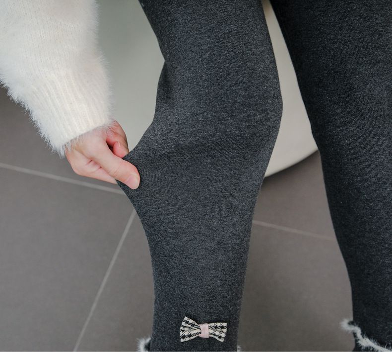 FANMOU - 加絨腰鬆緊兒童內搭褲-木耳邊蝴蝶結-深灰色