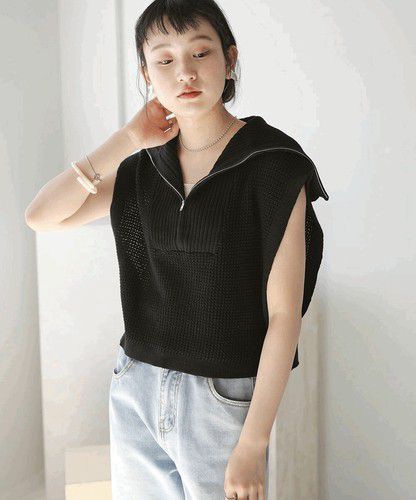 日本 Bou Jeloud - 拉鍊翻領針織背心-黑
