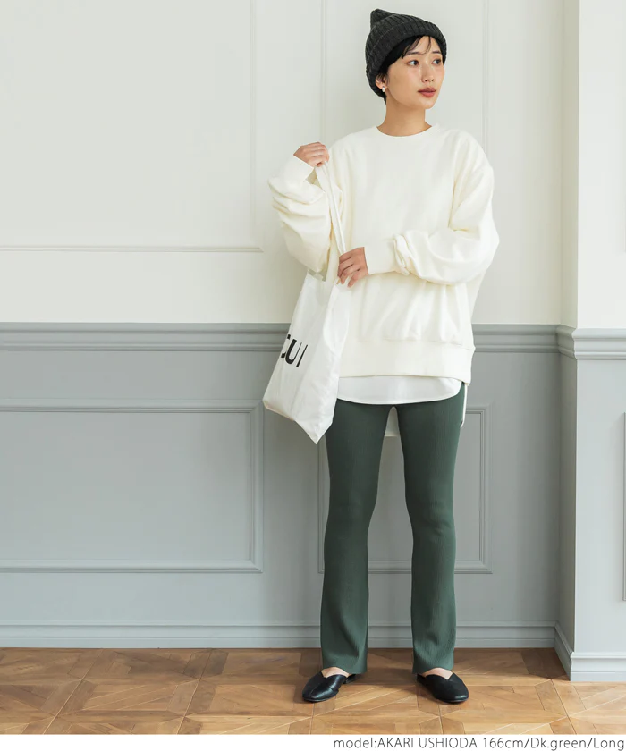 日本 COCA - 修長美腿羅紋微喇叭長褲-深綠