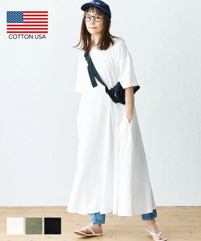 日本 COCA - 100%美國棉傘狀寬鬆短袖洋裝-白