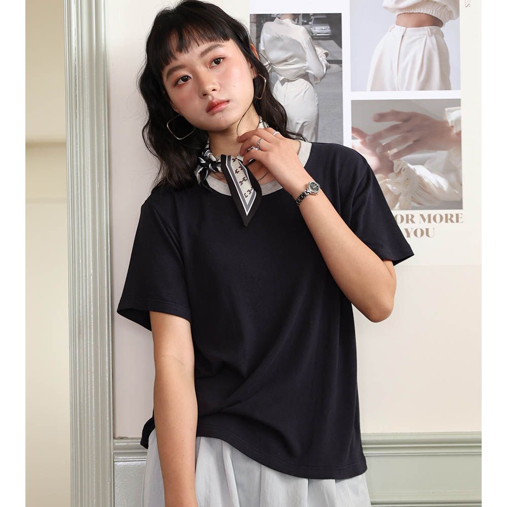 天絲亞麻撞色針織短袖上衣-謐藍