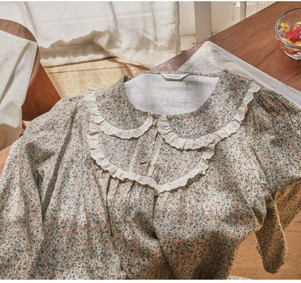 韓國 ULLALA - 浪漫碎花純棉長袖睡衣-(洋裝式)-薄荷綠 (FREE)