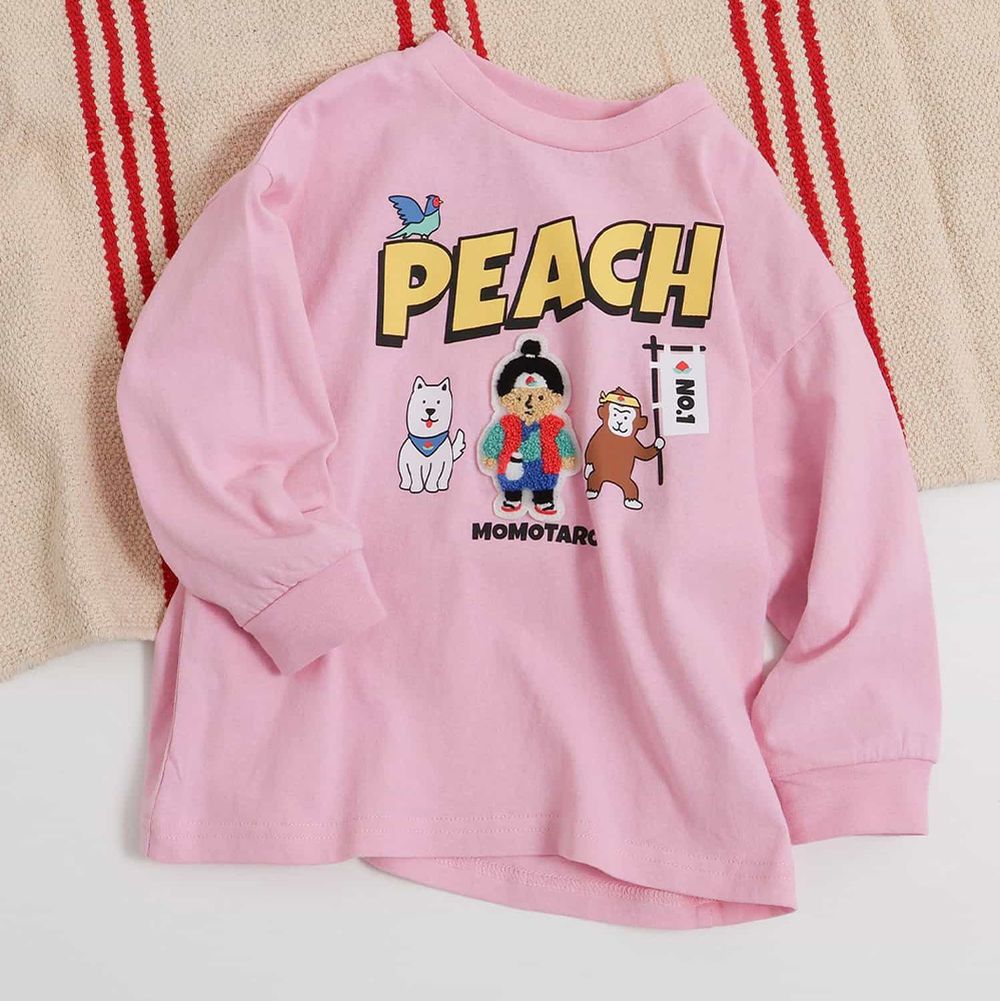 俏皮童話故事刺繡長袖上衣-桃太郎-粉紅