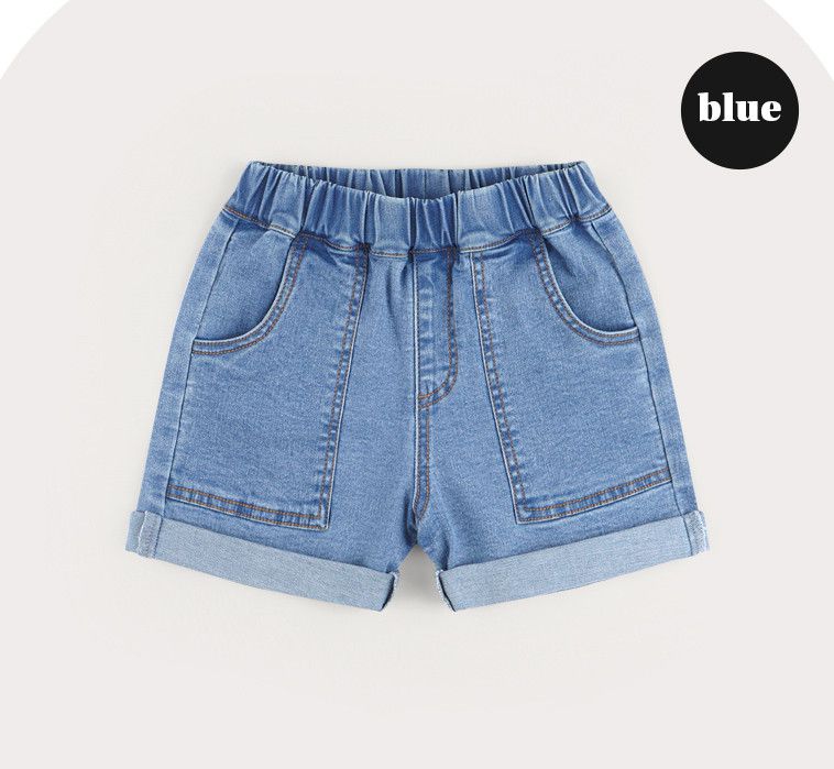 韓國 HEJMINI - 縫線大口袋3分牛仔短褲-藍