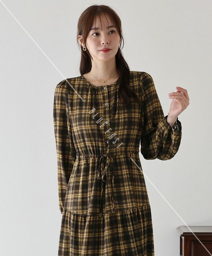 日本 BLUE EAST - 經典低調格紋分層束腰長袖洋裝-海軍藍