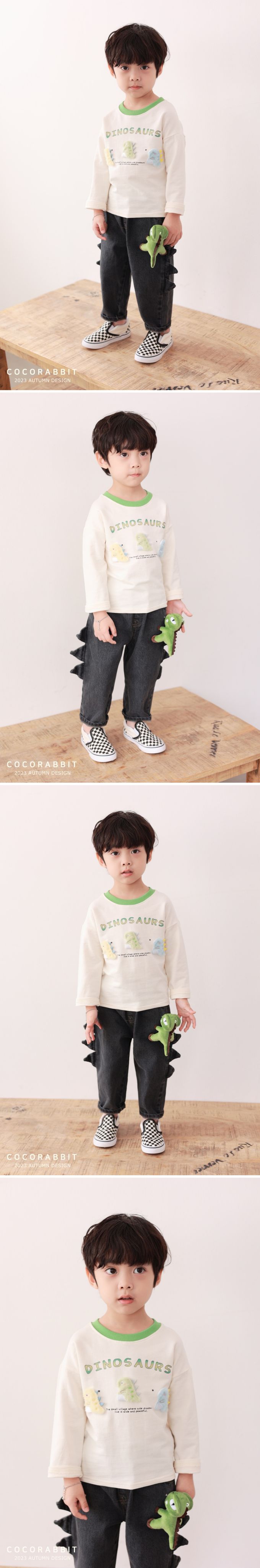 韓國 Coco rabbit - 毛絨恐龍角角裝飾長袖上衣-天藍領