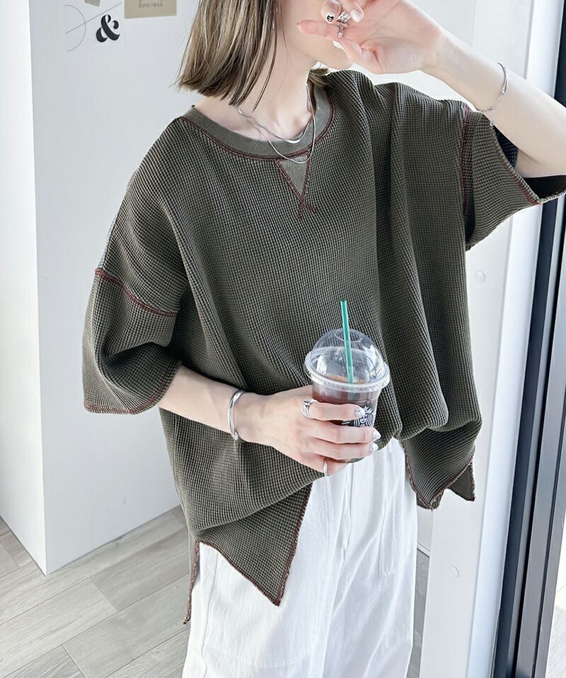 日本 Classical Elf - 2WAY華夫格落肩五分袖上衣-象牙杏