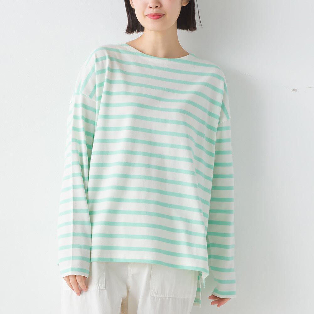 日本 OMNES - [定番]純棉厚磅條紋長袖上衣-白x薄荷綠