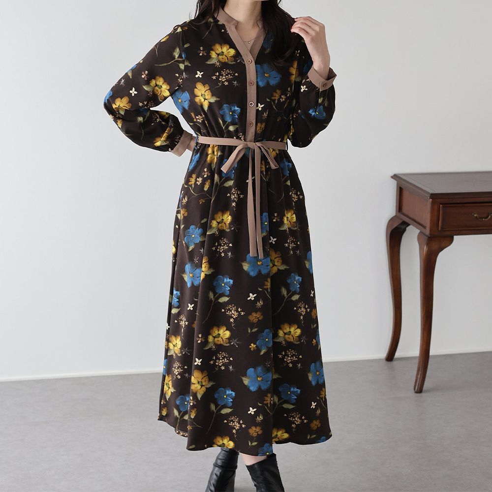 迷人亮眼花朵腰綁帶長袖洋裝-咖啡 (M)