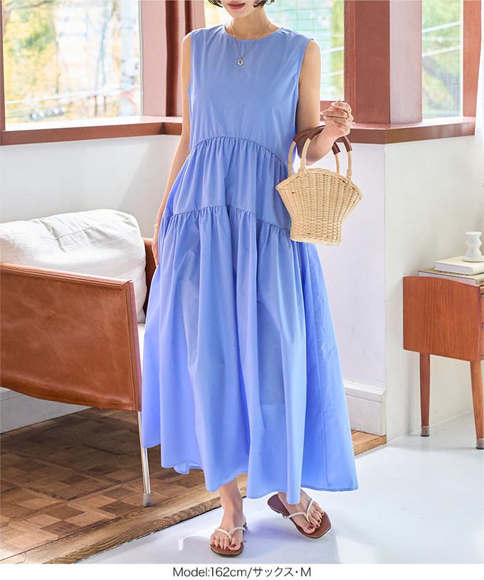 日本 Kobe Lettuce - 渡假風簡約分層無袖洋裝-水藍 (M)